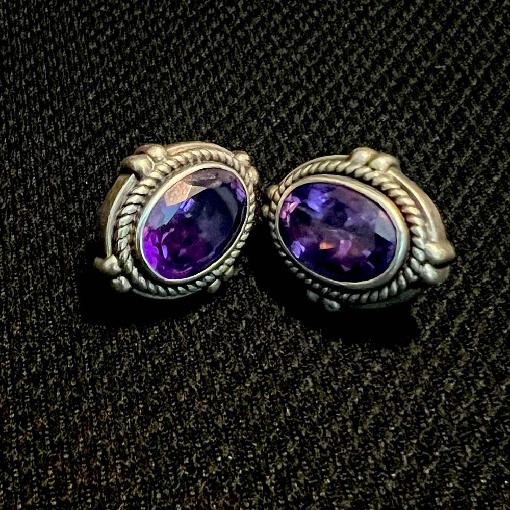 Amethyst and sterling silver earrings. 1” long x 1/2” wide. Gorgeous